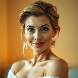 A beautiful 50-year-old woman, positioned directly in front of the camera, exhibiting a delightful look of surprise with her captivating eyes wide and shining