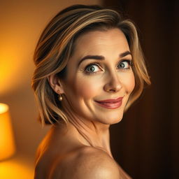 A beautiful 50-year-old woman, positioned directly in front of the camera, exhibiting a delightful look of surprise with her captivating eyes wide and shining