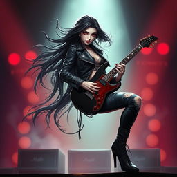 A charismatic Latina vampire rockstar with mesmerizing red eyes and long, flowing dark hair is depicted in an impressive guitar-playing pose