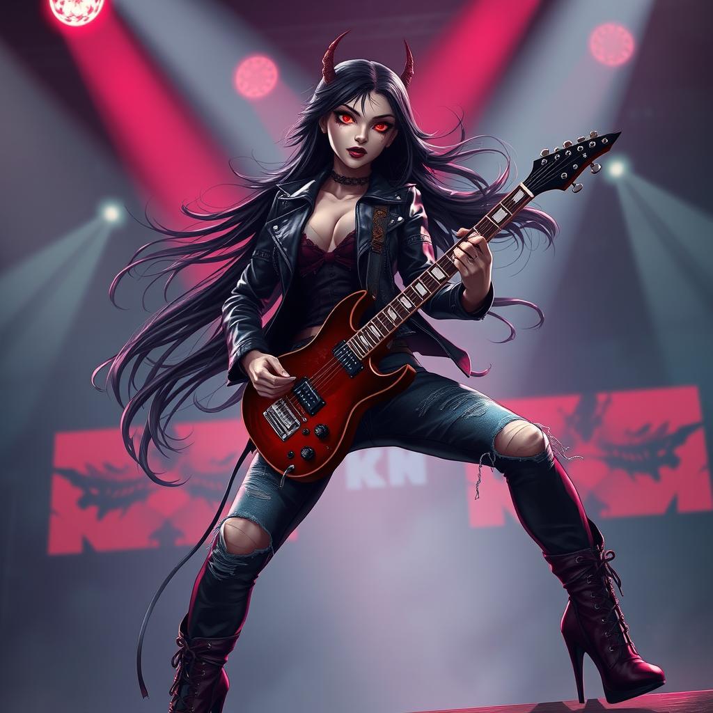 A charismatic Latina vampire rockstar with mesmerizing red eyes and long, flowing dark hair is depicted in an impressive guitar-playing pose