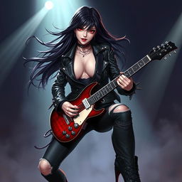 A charismatic Latina vampire rockstar with mesmerizing red eyes and long, flowing dark hair is depicted in an impressive guitar-playing pose