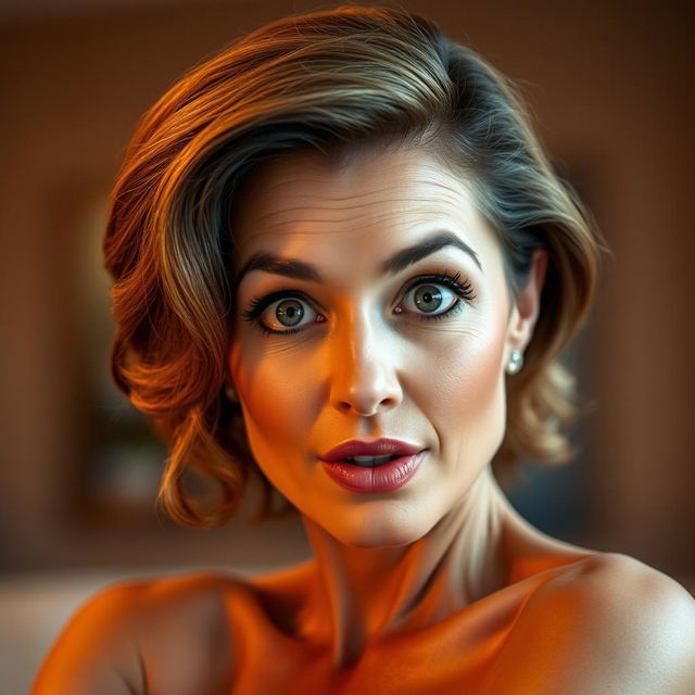 A stunning 50-year-old woman facing the camera, displaying a captivating look of surprise