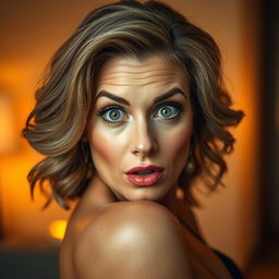 A stunning 50-year-old woman facing the camera, displaying a captivating look of surprise