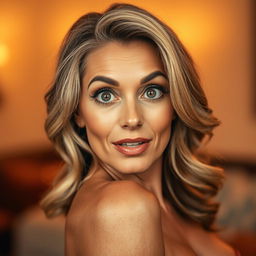 A stunning 50-year-old woman facing the camera, displaying a captivating look of surprise