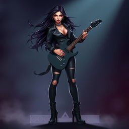 A charismatic Latina vampire rockstar with mesmerizing red eyes and long, flowing dark hair stands confidently in a dynamic guitar-playing pose