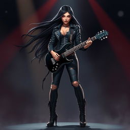 A charismatic Latina vampire rockstar with mesmerizing red eyes and long, flowing dark hair stands confidently in a dynamic guitar-playing pose