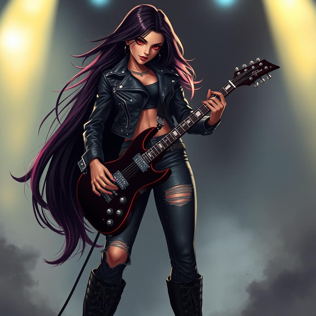 A charismatic Latina vampire rockstar with mesmerizing red eyes and long, flowing dark hair stands confidently in a dynamic guitar-playing pose