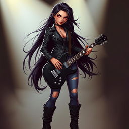 A charismatic Latina vampire rockstar with mesmerizing red eyes and long, flowing dark hair stands confidently in a dynamic guitar-playing pose