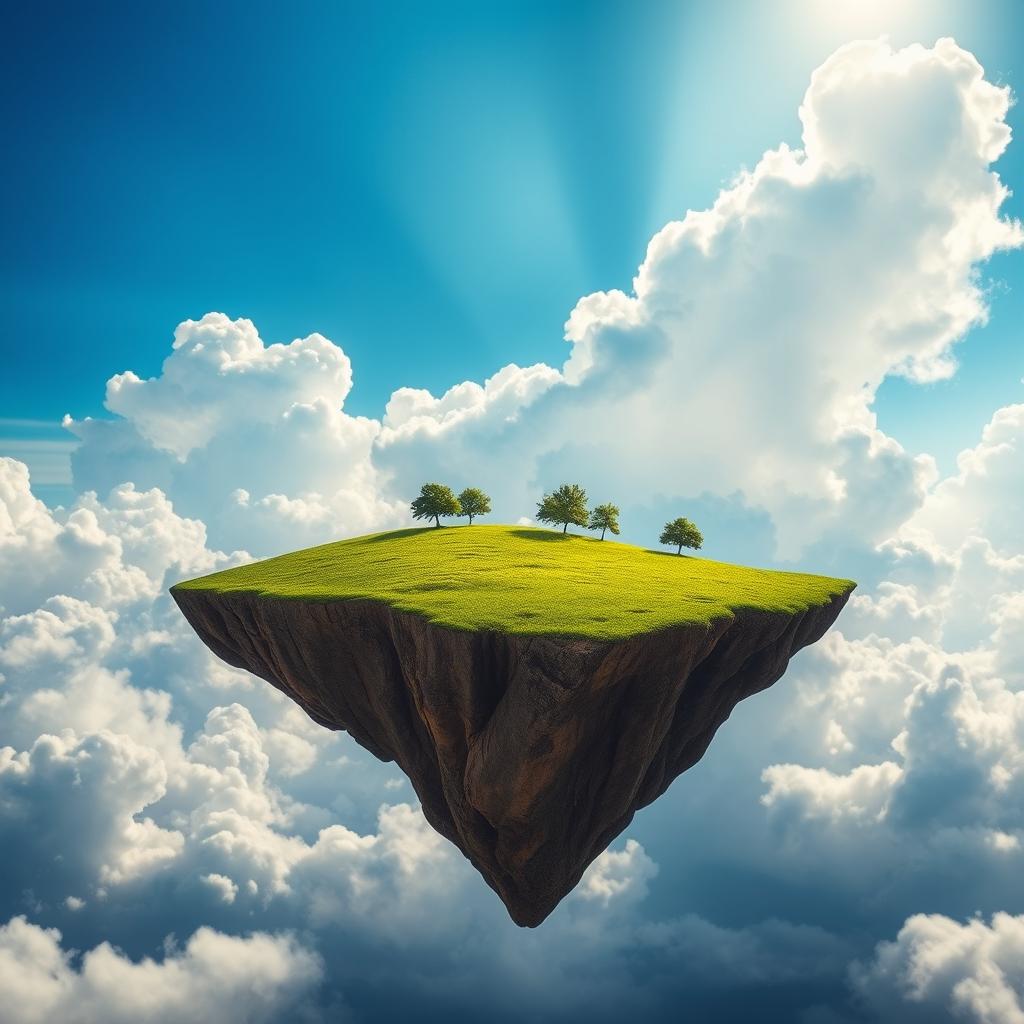 A section of land breaking away from the surface and ascending into the sky, showcasing dramatic clouds and vibrant colors