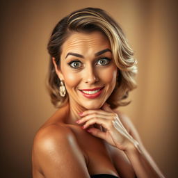 A stunning 50-year-old woman with a delightful look of surprise, facing the camera directly