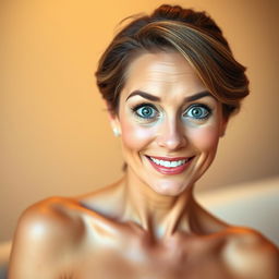 A stunning 50-year-old woman with a delightful look of surprise, facing the camera directly