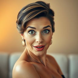 A stunning 50-year-old woman with a delightful look of surprise, facing the camera directly