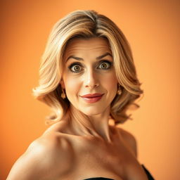 A stunning 50-year-old woman with a delightful look of surprise, facing the camera directly