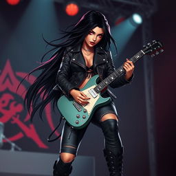 A charismatic Latina vampire rockstar with mesmerizing red eyes and long, flowing dark hair is captured in a dynamic guitar-playing pose