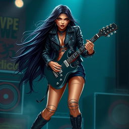 A charismatic Latina vampire rockstar with mesmerizing red eyes and long, flowing dark hair is captured in a dynamic guitar-playing pose