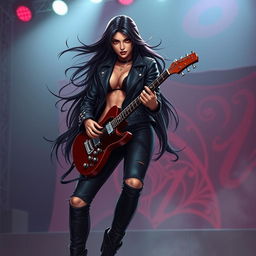 A charismatic Latina vampire rockstar with mesmerizing red eyes and long, flowing dark hair is captured in a dynamic guitar-playing pose