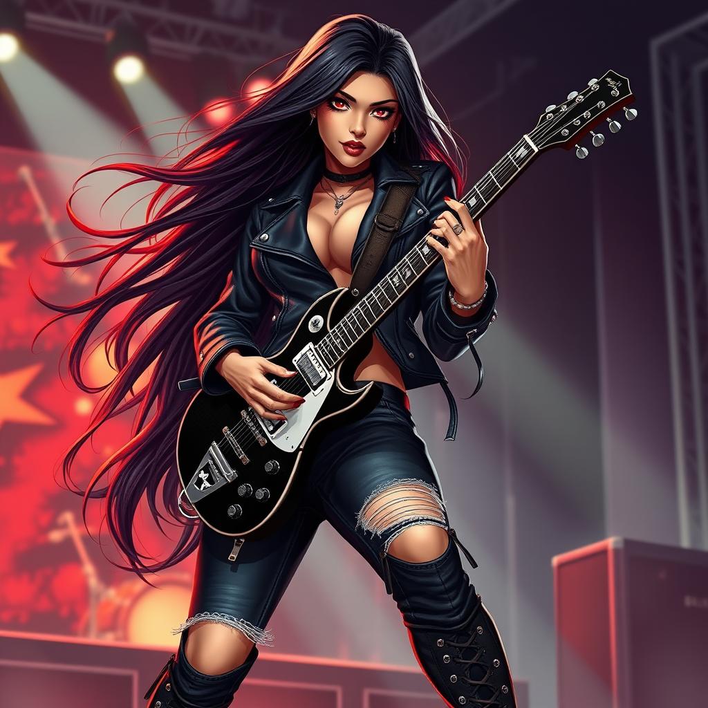 A charismatic Latina vampire rockstar with mesmerizing red eyes and long, flowing dark hair is captured in a dynamic guitar-playing pose