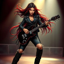 A charismatic Latina vampire rockstar with mesmerizing eyes and long, flowing dark hair featuring striking red highlights is captured in a dynamic guitar-playing pose