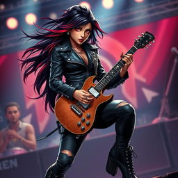 A charismatic Latina vampire rockstar with mesmerizing eyes and long, flowing dark hair featuring striking red highlights is captured in a dynamic guitar-playing pose