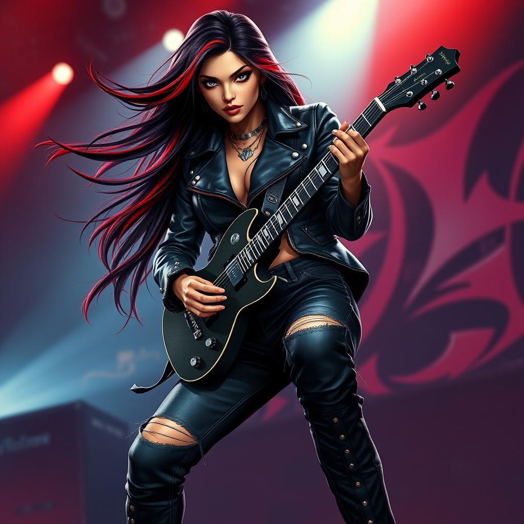 A charismatic Latina vampire rockstar with mesmerizing eyes and long, flowing dark hair featuring striking red highlights is captured in a dynamic guitar-playing pose