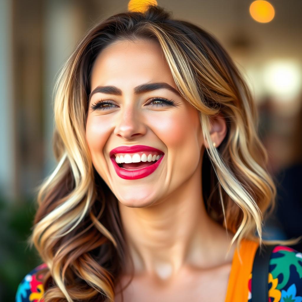 A vibrant portrait of a brunette woman with striking blonde highlights in her hair, captured in a moment of joyful laughter