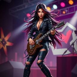 A charismatic Latina vampire rockstar with mesmerizing eyes and long, flowing dark hair featuring striking red highlights is captured in a dynamic guitar-playing pose