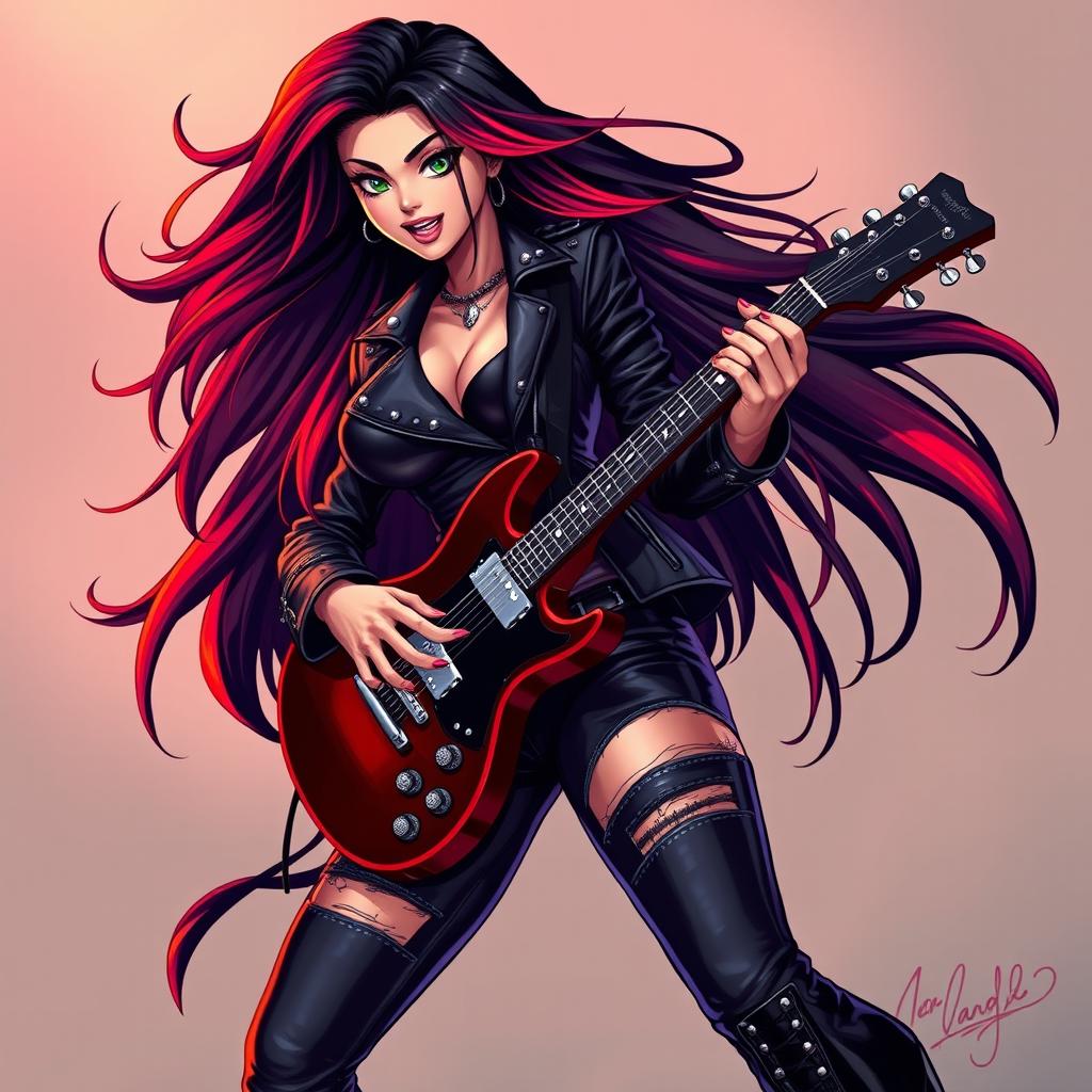 A charismatic Latina vampire rockstar with mesmerizing eyes, long flowing dark hair featuring vibrant red highlights, and a beautifully tanned complexion