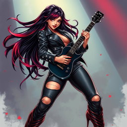 A charismatic Latina vampire rockstar with mesmerizing eyes, long flowing dark hair featuring vibrant red highlights, and a beautifully tanned complexion