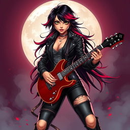 A charismatic Latina vampire rockstar with mesmerizing eyes, long flowing dark hair featuring vibrant red highlights, and a beautifully tanned complexion