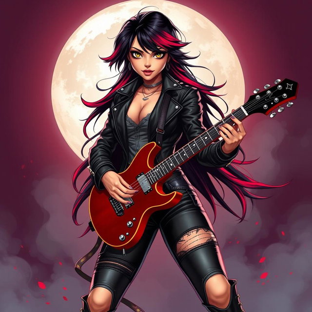 A charismatic Latina vampire rockstar with mesmerizing eyes, long flowing dark hair featuring vibrant red highlights, and a beautifully tanned complexion