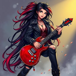 A charismatic Latina vampire rockstar with mesmerizing eyes, long flowing dark hair featuring vibrant red highlights, and a beautifully tanned complexion