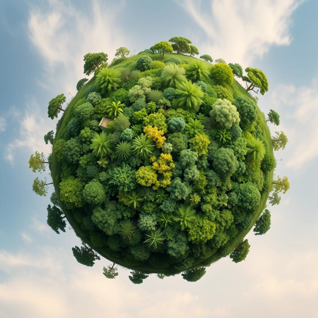A highly detailed globe with a vibrant surface completely covered in various types of trees, showcasing a diversity of greens and browns
