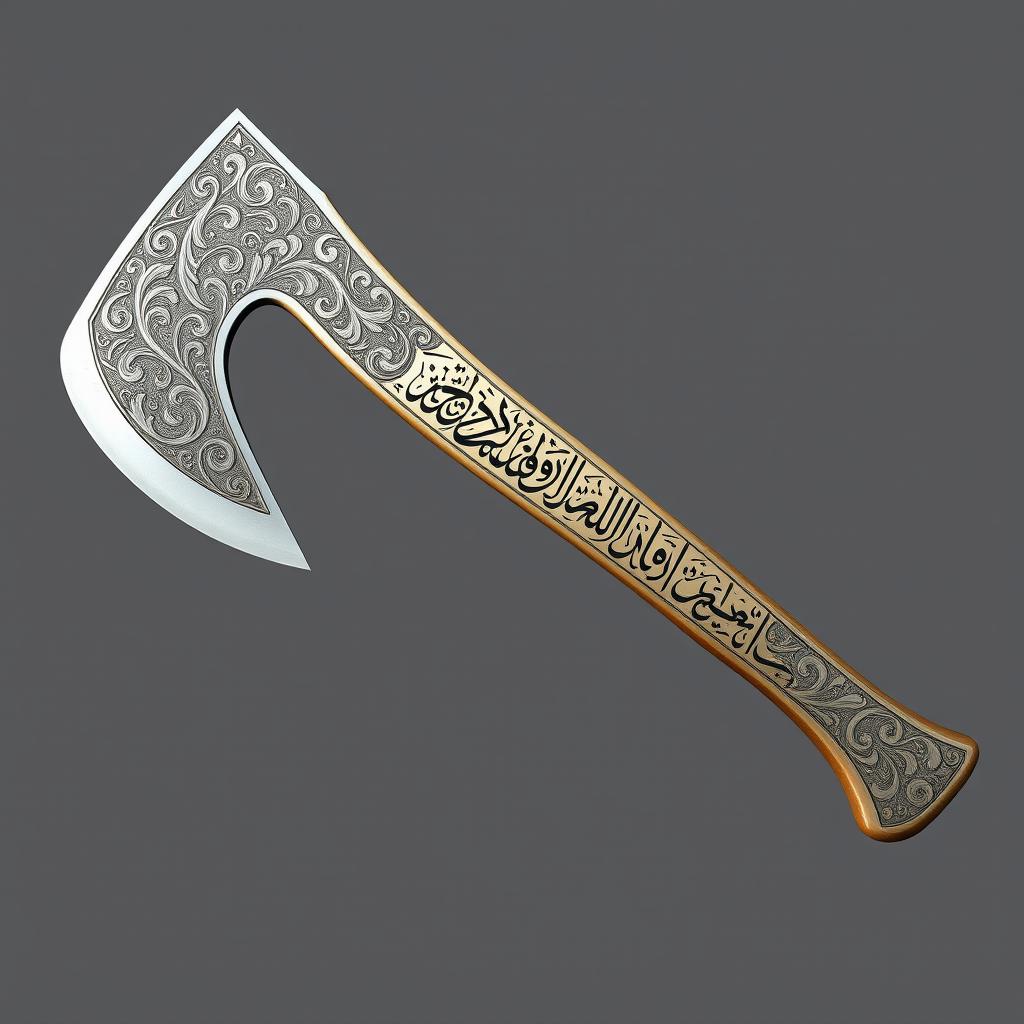 A beautifully designed axe featuring intricate Persian Nastaliq calligraphy engraved on the blade