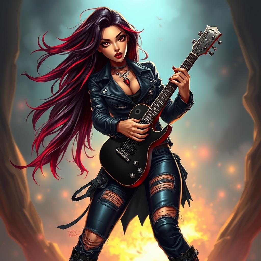A charismatic Latina vampire rockstar with mesmerizing eyes, long flowing dark hair featuring striking red highlights, and a sun-kissed tan complexion