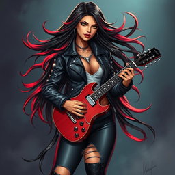 A charismatic Latina vampire rockstar with mesmerizing eyes, long flowing dark hair featuring striking red highlights, and a sun-kissed tan complexion