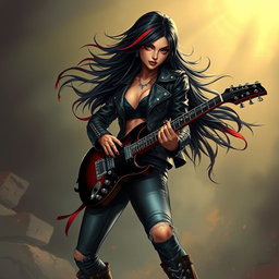 A charismatic Latina vampire rockstar with mesmerizing eyes, long flowing dark hair featuring striking red highlights, and a sun-kissed tan complexion