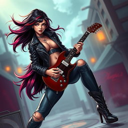 A charismatic Latina vampire rockstar with mesmerizing eyes, long flowing dark hair featuring striking red highlights, and a sun-kissed tan complexion