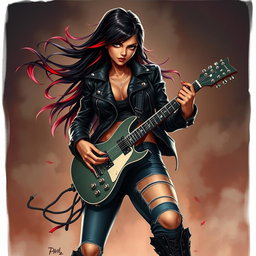 A charismatic Latina vampire rockstar with mesmerizing, piercing eyes, long flowing dark hair accented with striking red highlights, and a warm tan complexion