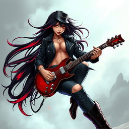A charismatic Latina vampire rockstar with mesmerizing, piercing eyes, long flowing dark hair accented with striking red highlights, and a warm tan complexion