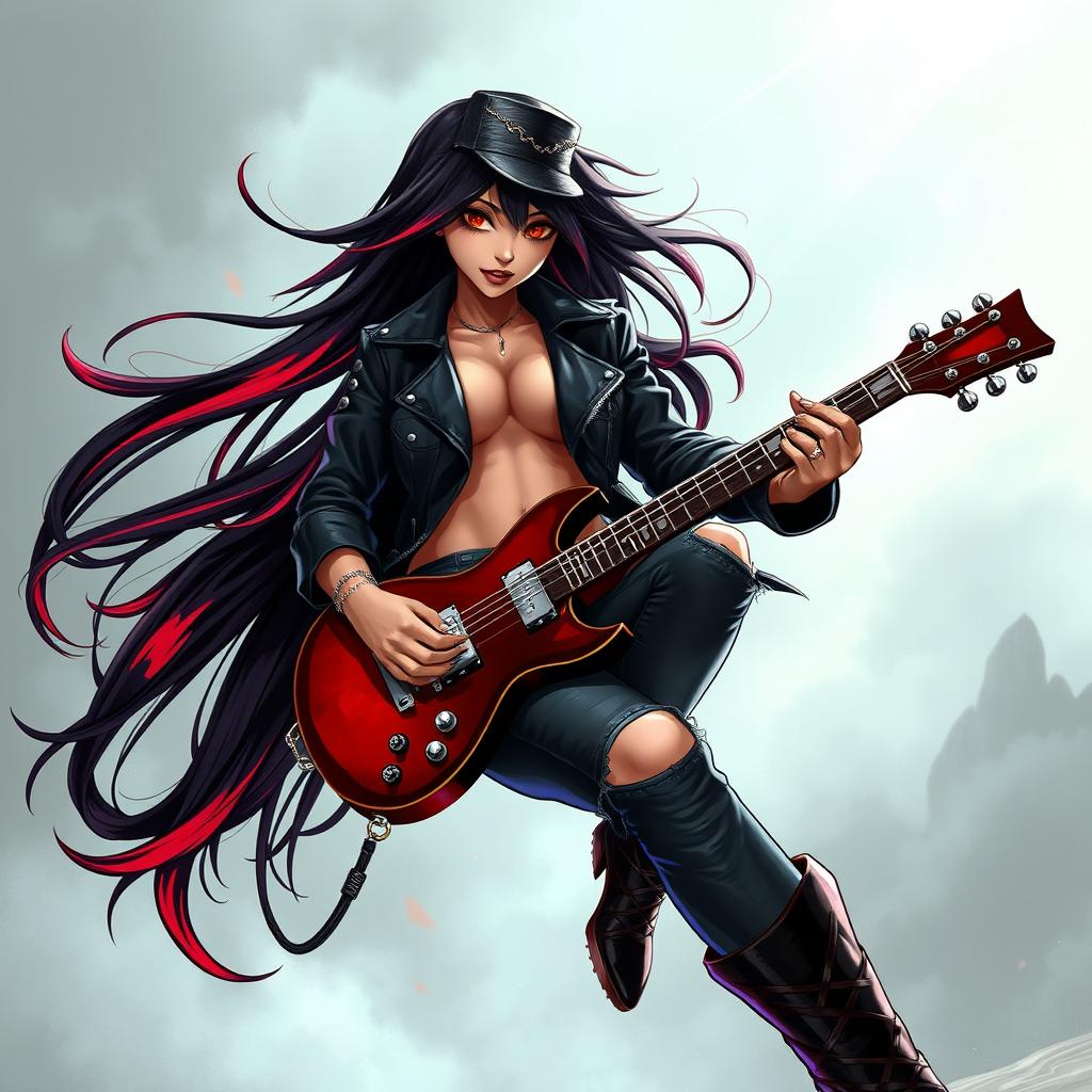 A charismatic Latina vampire rockstar with mesmerizing, piercing eyes, long flowing dark hair accented with striking red highlights, and a warm tan complexion