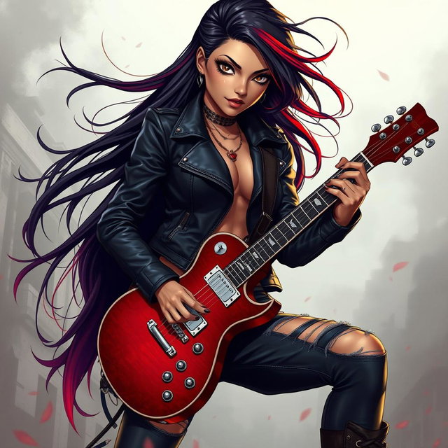 A charismatic Latina vampire rockstar with mesmerizing, piercing eyes, long flowing dark hair accented with striking red highlights, and a warm tan complexion