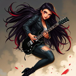A charismatic Latina vampire rockstar with mesmerizing, piercing eyes, long flowing dark hair accented with striking red highlights, and a warm tan complexion