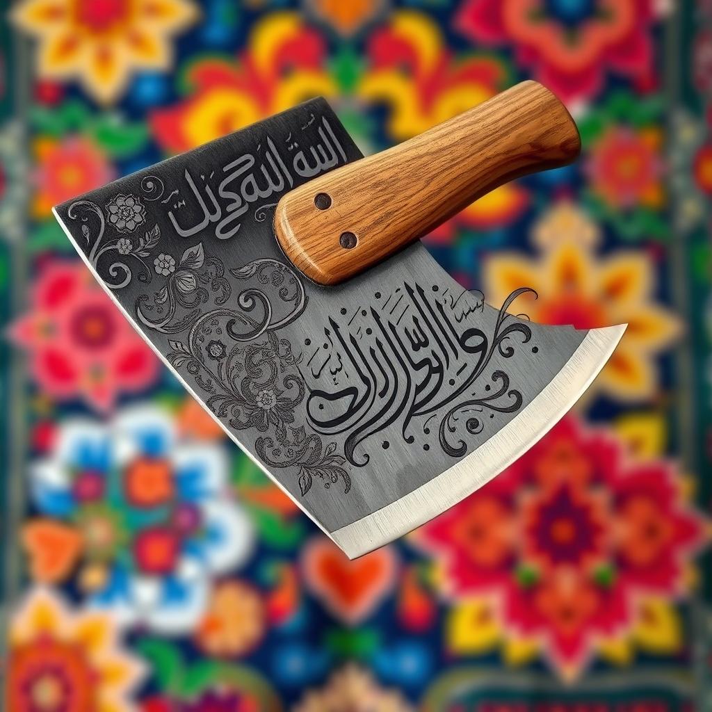 A thick-handled axe featuring intricate Persian Nasta'liq calligraphy designs elegantly engraved on the blade, complemented by an artistic PN (Persian Naturalism) style
