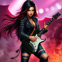 A charismatic Latina vampire rockstar with mesmerizing, alluring eyes, long flowing dark hair with striking red highlights, and a sun-kissed tan complexion