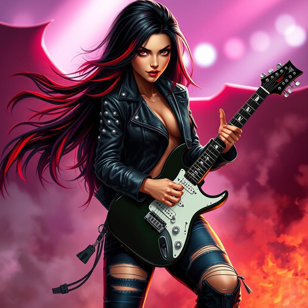 A charismatic Latina vampire rockstar with mesmerizing, alluring eyes, long flowing dark hair with striking red highlights, and a sun-kissed tan complexion
