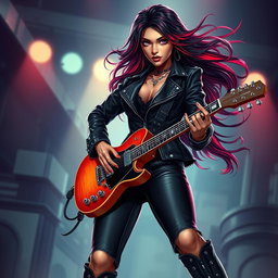 A charismatic Latina vampire rockstar with mesmerizing, alluring eyes, long flowing dark hair with striking red highlights, and a sun-kissed tan complexion