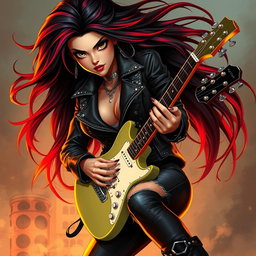 A charismatic Latina vampire rockstar with mesmerizing, alluring eyes, long flowing dark hair with striking red highlights, and a sun-kissed tan complexion