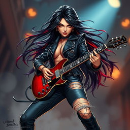 A charismatic Latina vampire rockstar with mesmerizing, alluring eyes, long flowing dark hair with striking red highlights, and a sun-kissed tan complexion