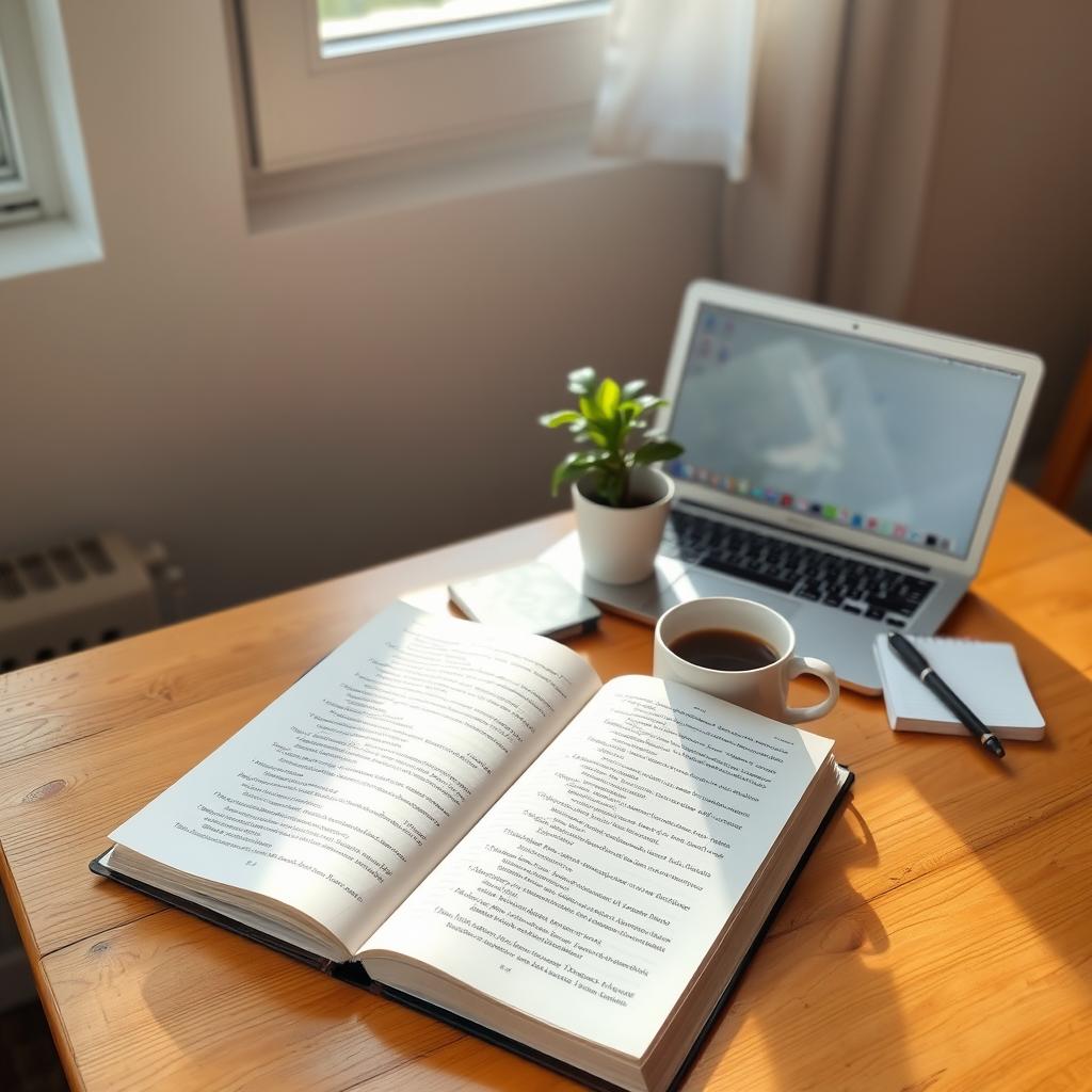 A simple wooden table with an open book on it, displaying pages filled with English words