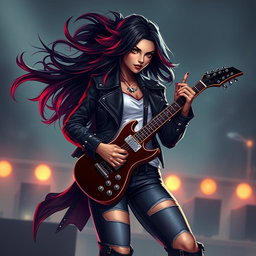A charismatic Latina vampire rockstar with mesmerizing, captivating eyes, long flowing dark hair enhanced with vibrant red highlights, and a radiant tan complexion